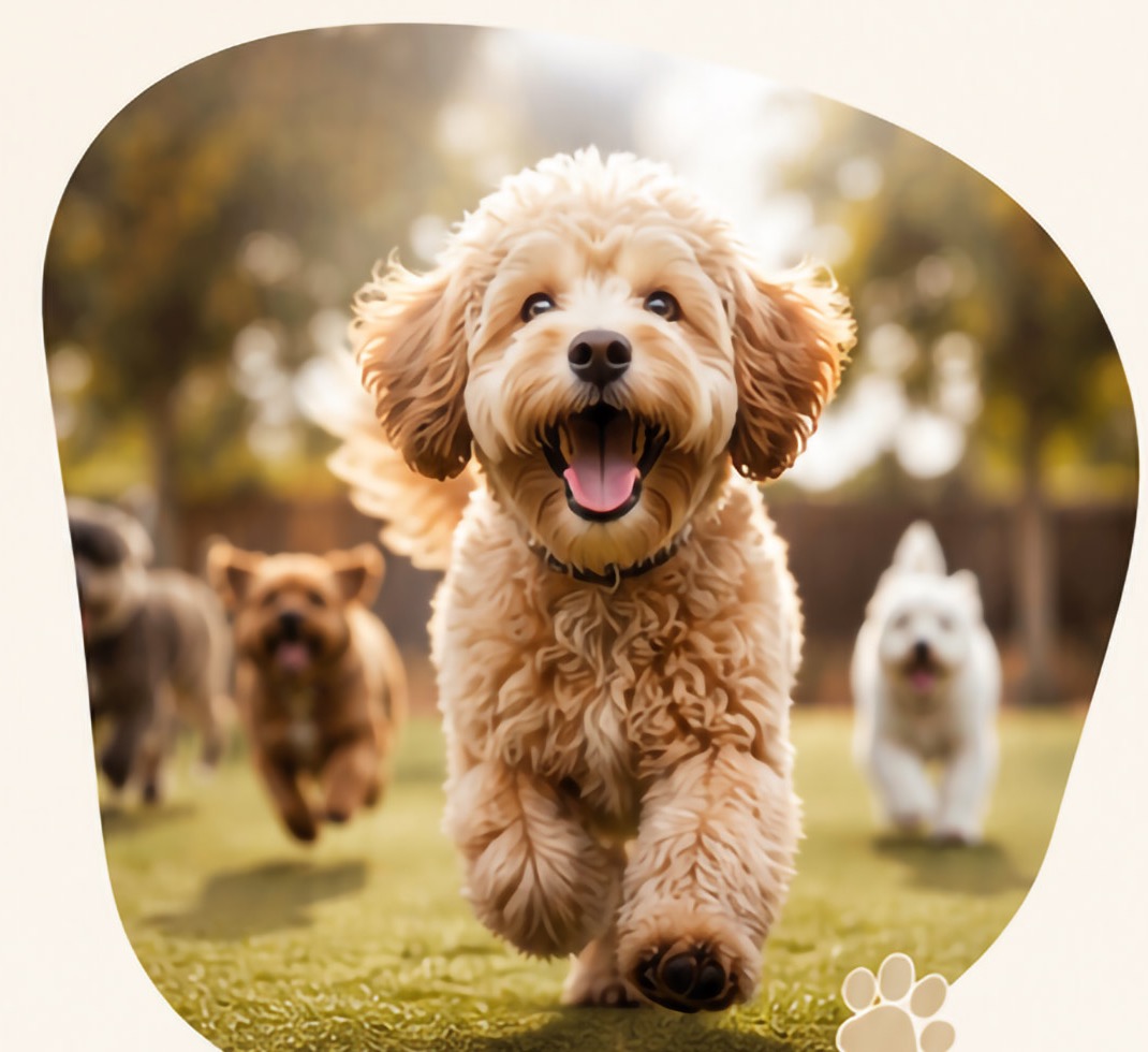 Happy dogs running toward the camera