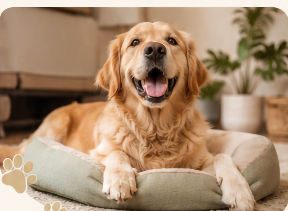 Golden retriever relaxing on a soft dog bed